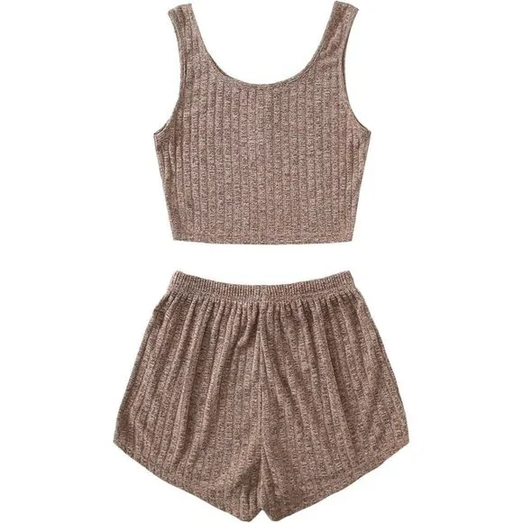 Women Brown Button Front Ribbed Knit Tank Top Shorts Pajama Set Sleepwear Sets